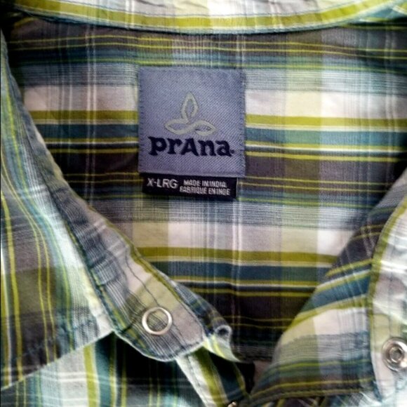 Prana Pearl Snap Shirt Men's XL Short Sleeve Shirt Green Plaid Organic Cotton - Picture 6 of 8